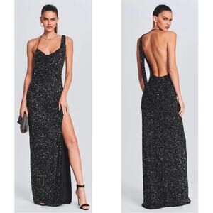 RETROFETE Celine Sequin Asymmetrical Shoulder Draped Black Maxi Dress Size L
